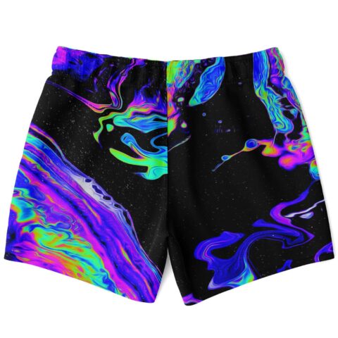 Black marbled oil rave swim trunks back view showing starry cosmic swirl print