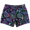 Neon paisley bandana print swim trunks in black, back view showing full pattern