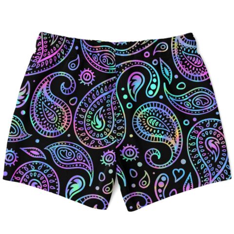 Neon paisley bandana print swim trunks in black, back view showing full pattern