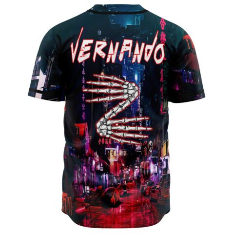 Back view of cyberpunk neon city jersey with skeleton hand and Vernando text