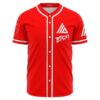 Bright red BTSM rave baseball jersey with white triangle logo, front view