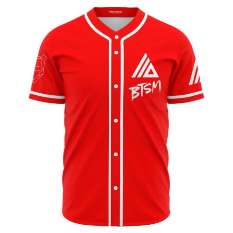 Bright red BTSM rave baseball jersey with white triangle logo, front view