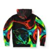 Liquid paint rave hoodie back view showing molten red and cyan marbled swirl pattern