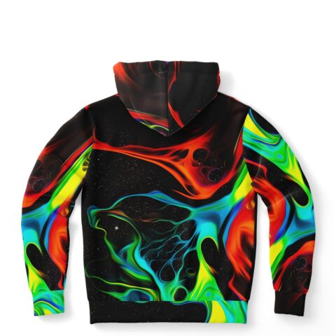 Liquid paint rave hoodie back view showing molten red and cyan marbled swirl pattern