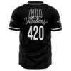 Back view of black jersey with GUD Vibrations 420 text over dot swirl design