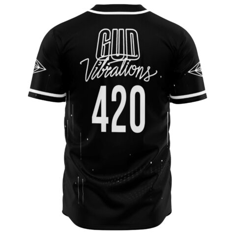 Back view of black jersey with GUD Vibrations 420 text over dot swirl design