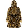Black hooded rave cloak with golden skull and gold floral graphic design