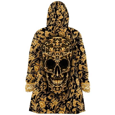 Black hooded rave cloak with golden skull and gold floral graphic design