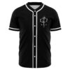 Black grimy horror rave baseball jersey with white cracked emblem on chest, front view