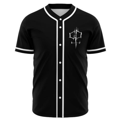 Black grimy horror rave baseball jersey with white cracked emblem on chest, front view