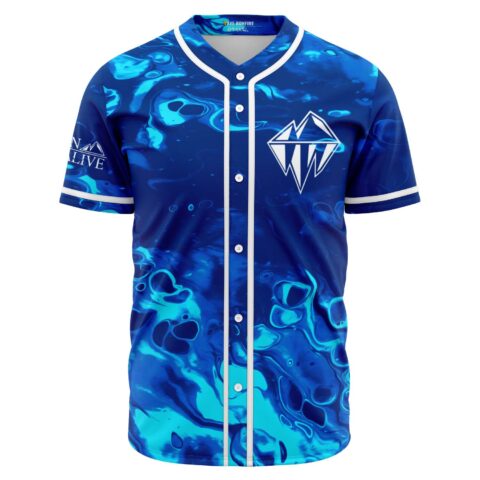 Blue swirling liquid print baseball jersey with white mountain diamond logo front view