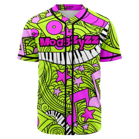 Neon lime doodle rave baseball jersey with piano keys and pink music notes front view