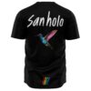 Back view of black jersey with san holo script text and hummingbird graphic above rainbow