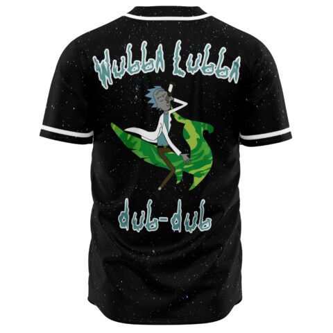 Back of starry rave jersey with scientist on flame graphic, Wubba Lubba dub-dub text