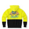 Retrowave cartoon scientist graphic with pink sunset stripes on yellow and black hoodie back