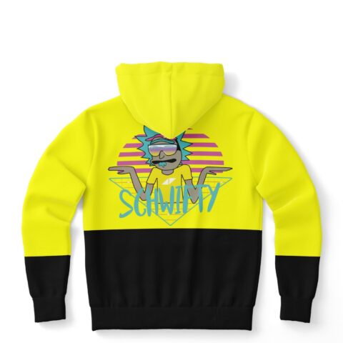 Retrowave cartoon scientist graphic with pink sunset stripes on yellow and black hoodie back