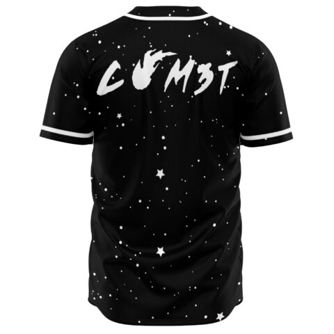 Back view of black starry jersey showing large COM3T text between shoulder blades