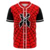 Front view of red black spider web rave baseball jersey with bold X emblem