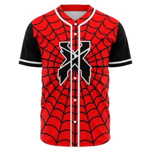 Front view of red black spider web rave baseball jersey with bold X emblem