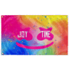 Rainbow tie-dye rave flag with pink smiley face reading JOY and TIME on eyes