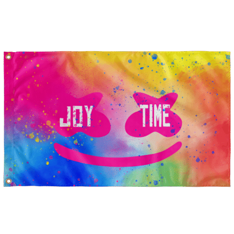 Rainbow tie-dye rave flag with pink smiley face reading JOY and TIME on eyes