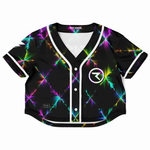 Black rave crop top with colorful starburst pattern, front view