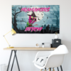 Pale teal zombie rave flag hung above desk with graveyard and bat print