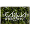 Cannabis leaf print rave flag with bold white Ganja White Night text and gold border