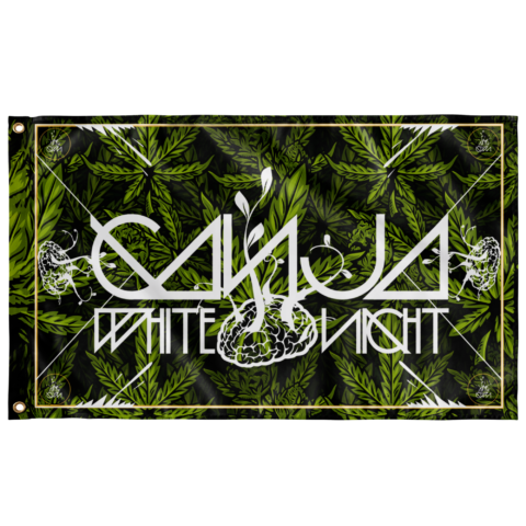 Cannabis leaf print rave flag with bold white Ganja White Night text and gold border