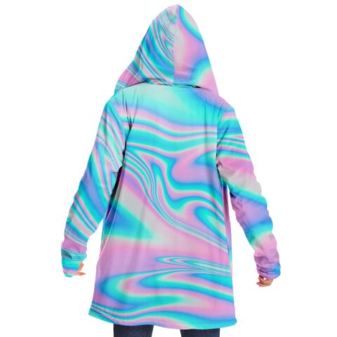 Back view of holographic swirl rave cloak with hood in pastel blue and pink