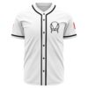 White rave baseball jersey front with geometric owl-inspired emblem on chest and black trim placket