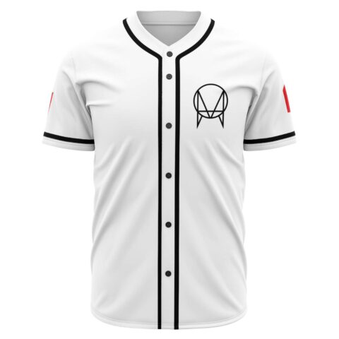 White rave baseball jersey front with geometric owl-inspired emblem on chest and black trim placket