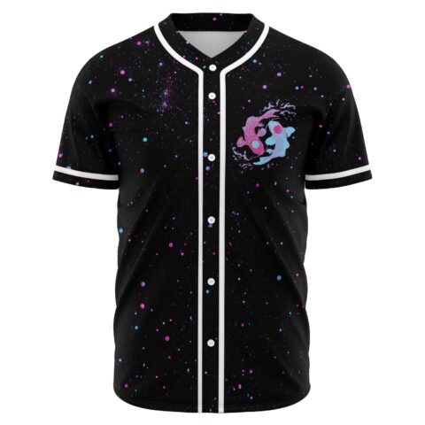 Black rave baseball jersey with pink and blue koi fish over a starry galaxy print