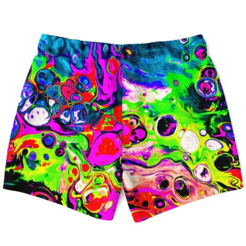Bright abstract fluid print swim trunks, back view flat lay showing full pattern