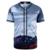 Cloudy sky and mountain range print rave baseball jersey front view with black trim