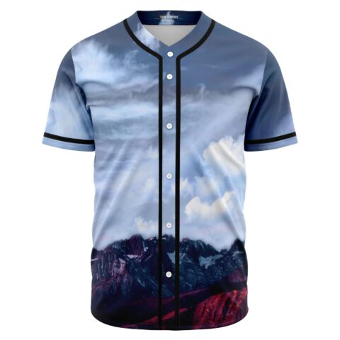 Cloudy sky and mountain range print rave baseball jersey front view with black trim