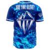 Back view of blue marble rave jersey reading Are You Alive with mountain diamond emblem
