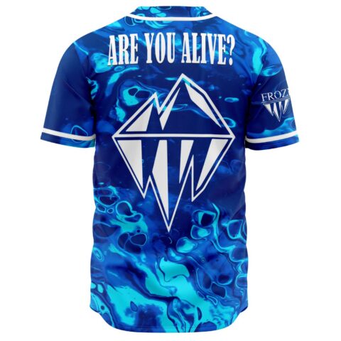 Back view of blue marble rave jersey reading Are You Alive with mountain diamond emblem