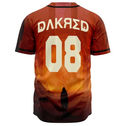 Fiery orange flames baseball jersey back view with DAKRED 08 print and silhouette figure