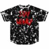 back view of splatter print jersey with red Stay Wonky text across shoulders