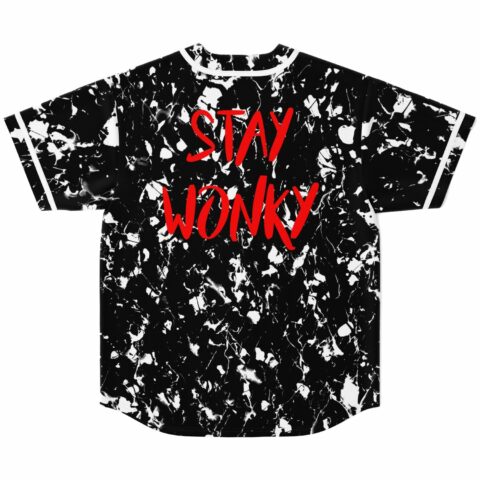 back view of splatter print jersey with red Stay Wonky text across shoulders