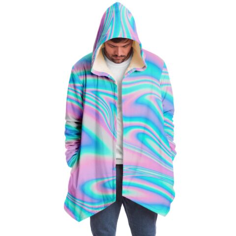 Man wearing pastel holographic cloak open front with sherpa lined hood