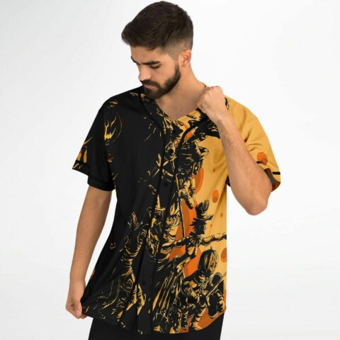 Man wearing black orange samurai silhouette jersey with button front closeup