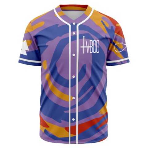Purple psychedelic spiral rave baseball jersey with TVBOO text front view