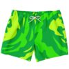 Green abstract camo rave swim trunks with white drawstring, front flat lay view