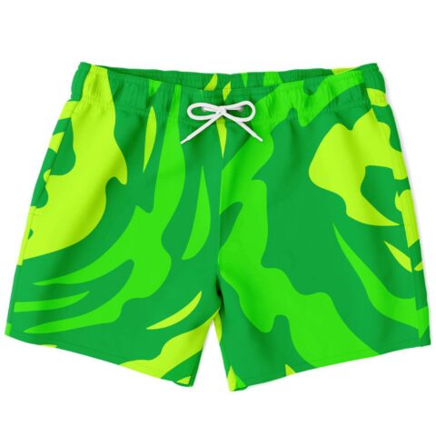 Green abstract camo rave swim trunks with white drawstring, front flat lay view
