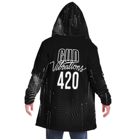 back view of black halftone wave print rave cloak with Gud Vibrations 420 text