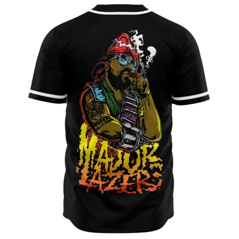 Back view of black rave jersey featuring cartoon commando character with cigar and smoke graphic