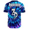 Blue spiral tie-dye rave baseball jersey back view with Rudeboy text and white horned logo