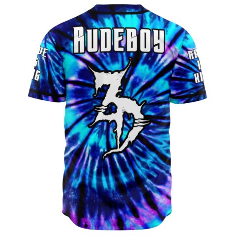 Blue spiral tie-dye rave baseball jersey back view with Rudeboy text and white horned logo